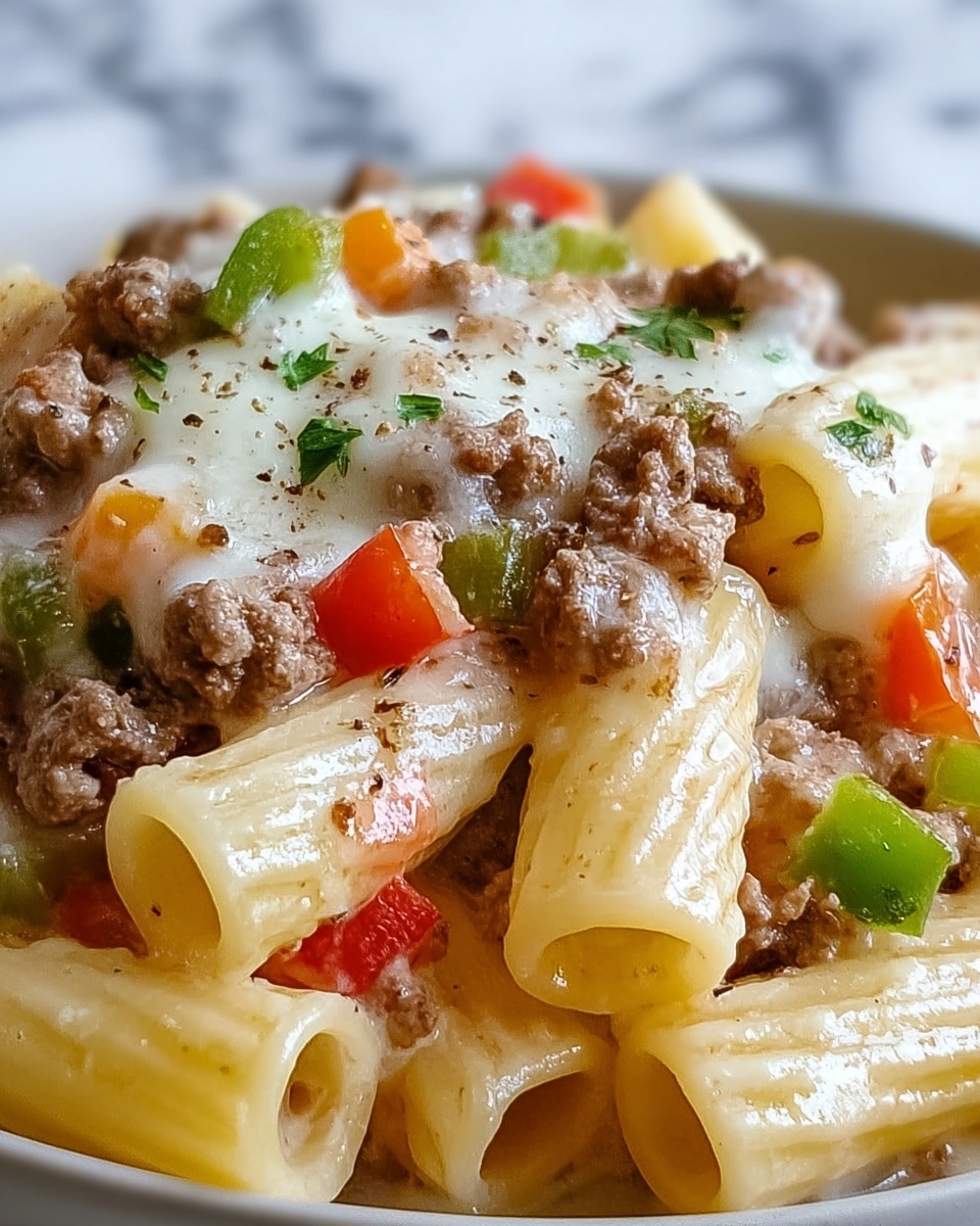 The image shows a close-up of a pasta dish with several layers. The bottom layer consists of cooked rigatoni pasta that is light yellow and slightly glossy. Scattered throughout are small chunks of green and red bell peppers, adding bright pops of color. On top of the pasta and peppers is a layer of browned ground meat, crumbly and moist. There is melted white cheese draped over the meat and pasta, stretching slightly in places, with flecks of black pepper sprinkled on top. Small green parsley leaves are scattered to add freshness and decoration. The dish rests on a white surface with a marbled texture. photo taken with an iphone --ar 4:5 --v 7