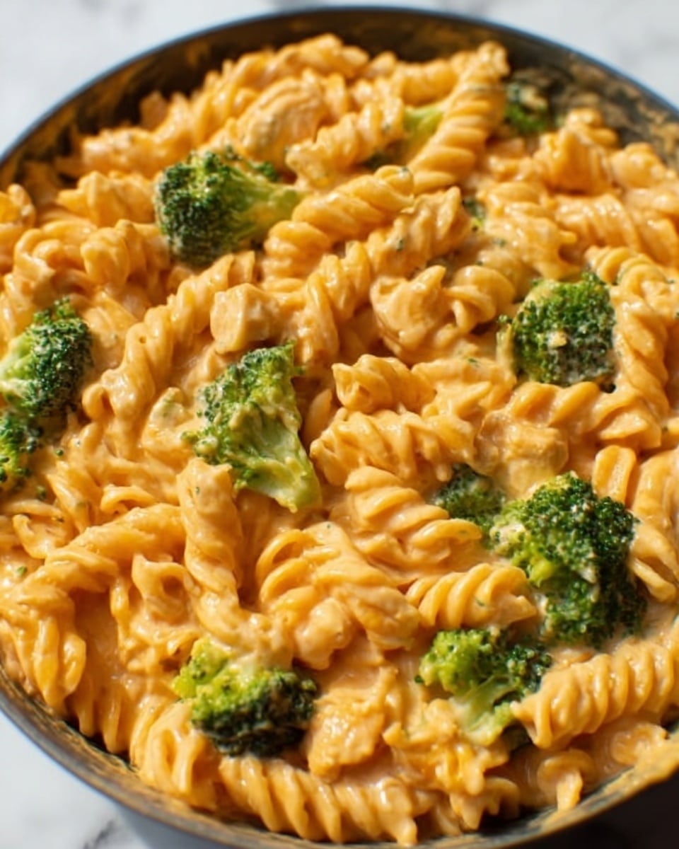 The image shows a close-up of a creamy pasta dish with spiral rotini noodles coated in a thick, orange-colored cheese sauce. Small, bright green broccoli florets are mixed evenly throughout the pasta, adding contrast to the warm orange color. The pasta and broccoli fill the frame fully, showing the rich, smooth texture of the cheese sauce and the slightly crunchy texture of the broccoli. The whole dish rests on a white marbled surface. Photo taken with an iphone --ar 4:5 --v 7