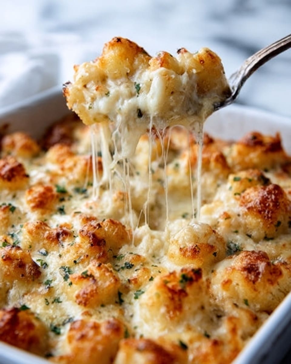 A close-up view of a casserole filled with golden brown baked cauliflower covered in melted cheese. The top layer is crispy, bubbly, and slightly browned with herbs sprinkled over. Cheese is pulling up in long stretchy strings from a white baking dish, showing creamy texture beneath with bits of cauliflower visible. The background is a white marbled surface with soft natural light casting gentle shadows. Photo taken with an iphone --ar 4:5 --v 7