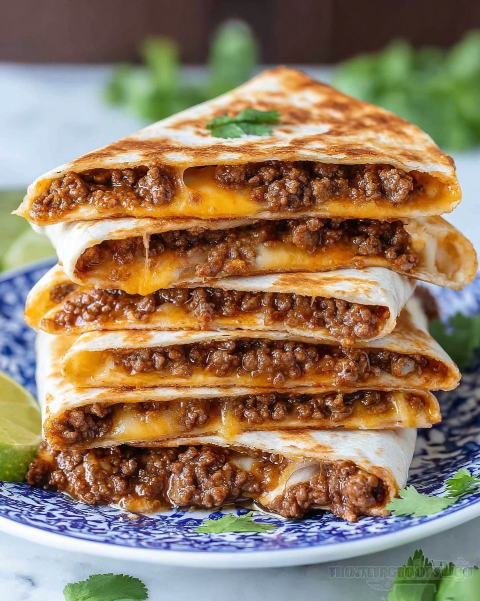 A stack of six folded quesadilla halves is arranged vertically on a white plate with blue patterns, placed on a white marbled surface. Each quesadilla half shows two layers of light golden, slightly toasted tortilla enclosing a thick layer of brown cooked ground beef mixed with melted cheddar and mozzarella cheese, with some cheese strands stretching between the middle layers. Around the plate, fresh green cilantro leaves and a piece of lime wedge add a touch of color. The focus is bright and sharp on the stacked quesadillas with a blurred background. photo taken with an iphone --ar 4:5 --v 7