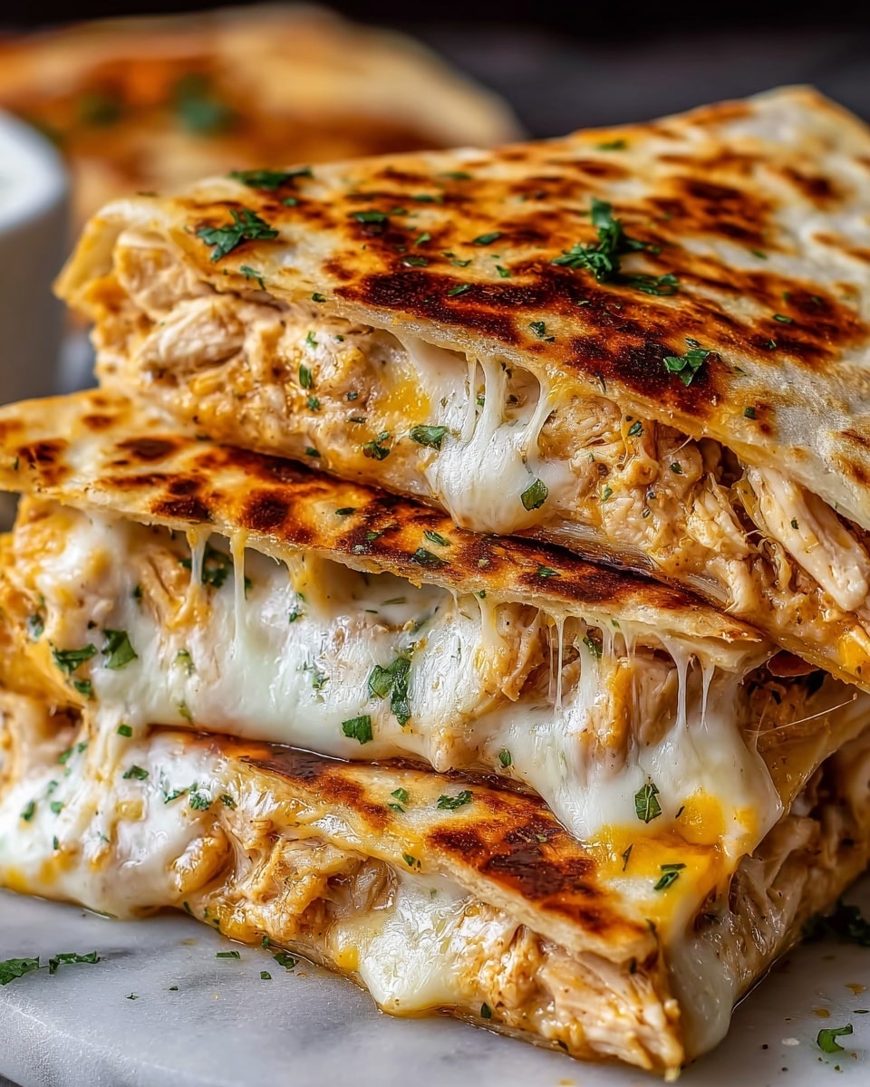 A close-up of three stacked quesadillas cut in half, showing three layers inside each one; the outer layer is a golden-brown grilled tortilla with light char marks and some green herbs sprinkled on top, the middle layer is creamy melted white cheese that stretches slightly between the layers, and the innermost layer is shredded grilled chicken mixed with bits of orange cheese and herbs. The quesadillas are on a dark plate that contrasts with the warm colors of the food, all set against a white marbled texture background. photo taken with an iphone --ar 4:5 --v 7