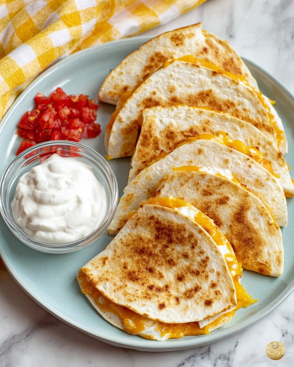 The image shows a white plate on a white marbled surface holding five golden-brown quesadillas folded in half, each with melted yellow cheese and white egg peeking out from the edges, arranged in a curved line. On the left side of the plate is a small clear glass bowl filled with smooth, white sour cream, next to a small pile of bright red diced tomatoes. A yellow and white checkered cloth is partially visible on the left side of the frame. photo taken with an iphone --ar 4:5 --v 7