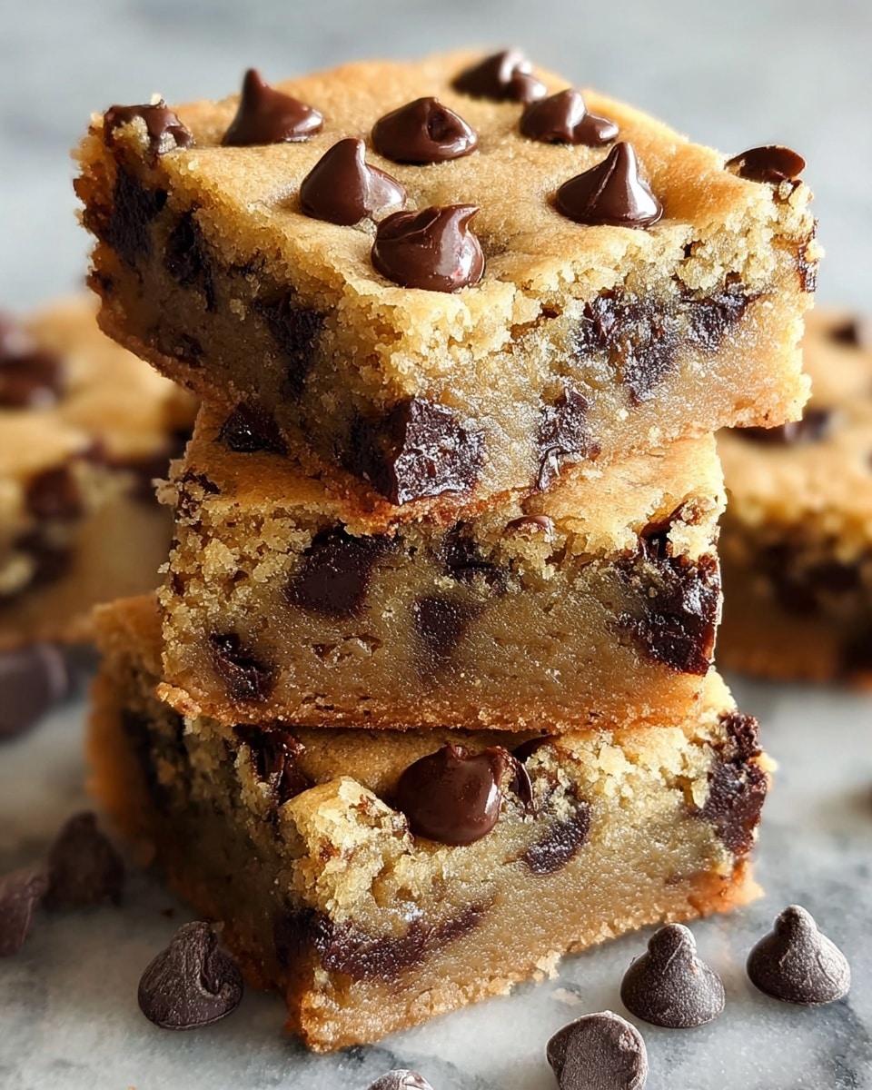 A close-up of three stacked square blondies filled with dark chocolate chips throughout each light golden-brown layer; the top blondie has extra glossy, large chocolate chips slightly melted on its surface; a few chocolate chips are scattered around on a white marbled texture beneath them. photo taken with an iphone --ar 4:5 --v 7