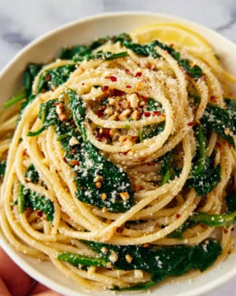 A close-up image of a plate with spaghetti pasta mixed with cooked spinach, sprinkled with red pepper flakes, small bits of minced garlic or nuts, and some grated cheese on top. The pasta strands are light yellow with a slightly shiny texture, and the spinach leaves are dark green and soft, filling the spaces between the noodles. The dish is served on a white plate, placed on a white marbled surface. A woman's hand is holding the plate slightly at the edge, showing some motion as if ready to serve. Photo taken with an iphone --ar 4:5 --v 7