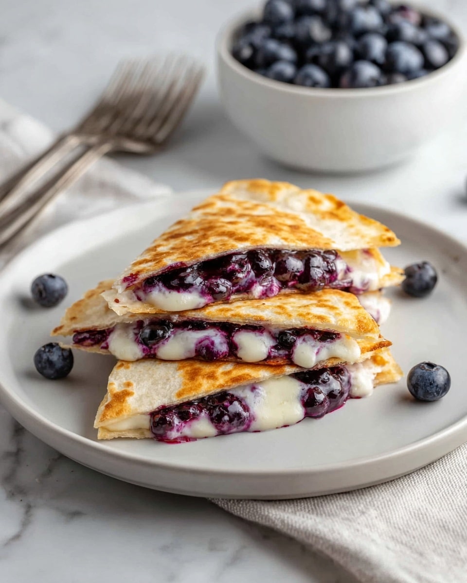 The image shows three folded quesadilla slices stacked on a white plate, each slice revealing two layers filled with melted white cheese and dark purple blueberry filling that looks juicy and slightly runny. The quesadilla outer layer is golden brown with a slightly crispy texture. Around the plate, there are a few whole blueberries placed as decoration. In the background, a white bowl filled with more blueberries sits on a white marbled surface with a silver fork and a white cloth nearby. Photo taken with an iphone --ar 4:5 --v 7