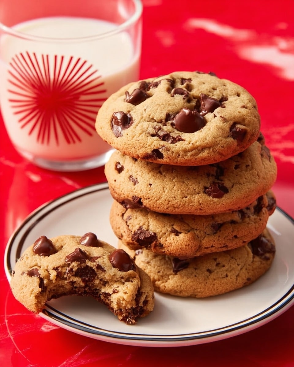 A stack of four thick chocolate chip cookies, golden brown with glossy dark chocolate chips scattered on the surface. The cookies have a soft, slightly crumbly texture with some chips partially melted. Next to the stack, a woman’s hand holds a broken cookie piece showing the gooey, melted chocolate inside. The cookies are on a white plate with thin dark rim lines, placed on a bright red surface. Behind the plate is a clear glass of milk with a red sunburst pattern. The background is a white marbled texture. Photo taken with an iphone --ar 4:5 --v 7