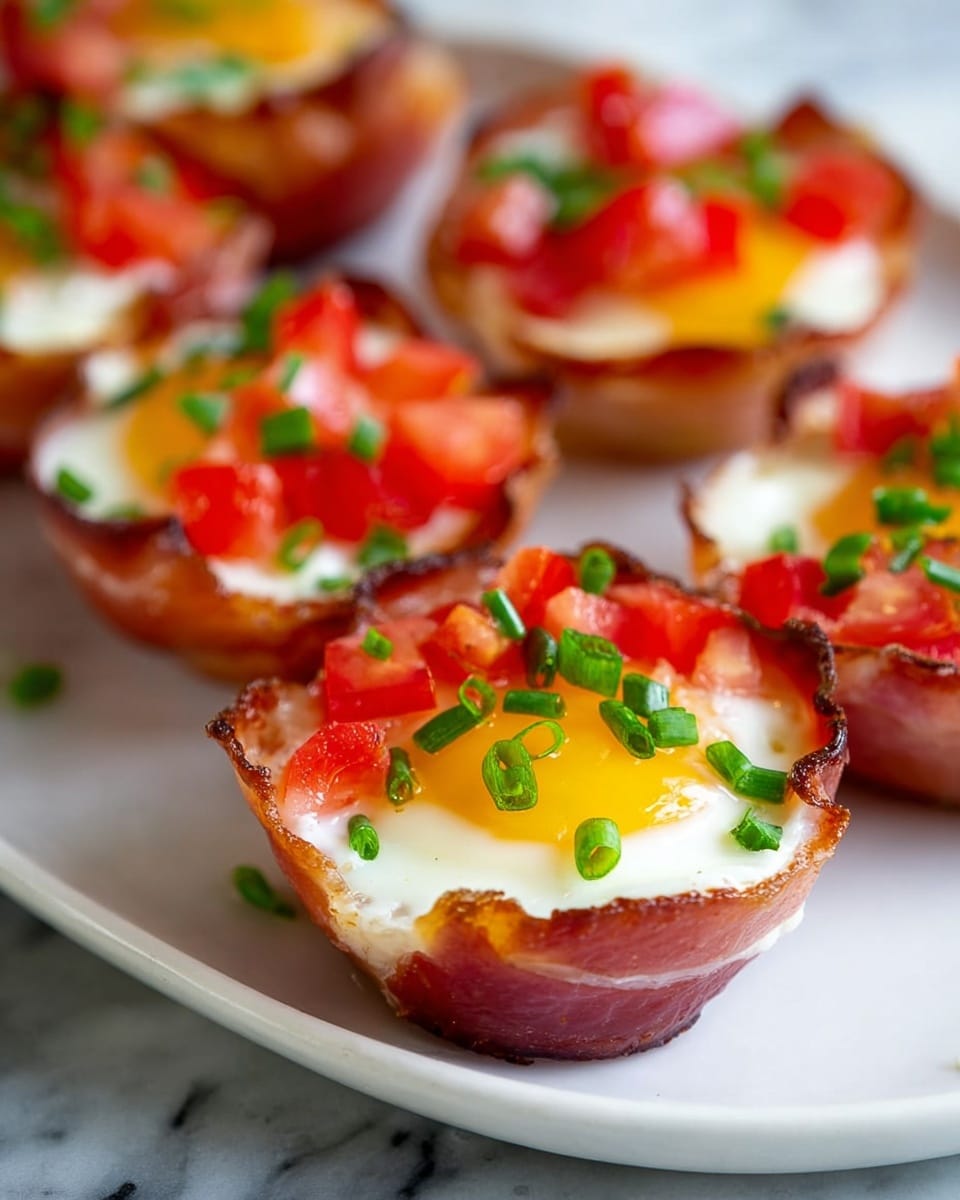 This image shows baked egg cups wrapped in bacon, arranged on a white plate. Each cup has a crispy, browned bacon outer layer forming a small bowl shape. Inside, the second layer is the cooked egg white, firm and smooth, hugging a bright yellow, slightly runny egg yolk in the center. The top layer consists of small diced red tomatoes scattered on the egg yolk and white, and finely chopped green chives sprinkled over the top, adding bright pops of color. The plate rests on a white marbled surface. photo taken with an iphone --ar 4:5 --v 7