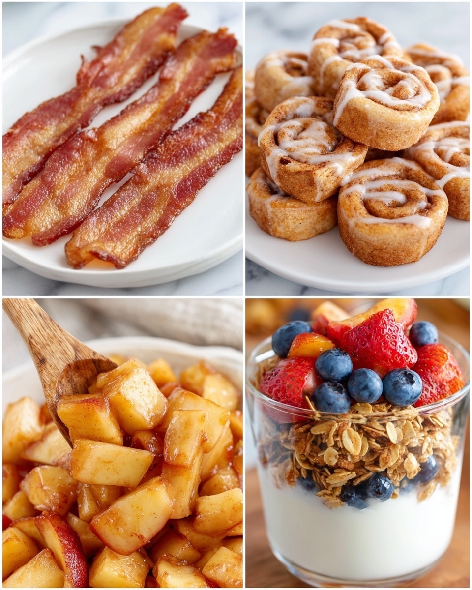 The image shows four close-up photos of different breakfast foods arranged in a grid on a white marbled surface. The top left has four crispy, golden-brown bacon strips laid flat on a white plate. The top right shows a white plate piled with small cinnamon rolls, light brown in color with a creamy white icing drizzle on top. The bottom left displays a wooden spoon stirring soft, warm, caramelized apple chunks coated in cinnamon and sugar. The bottom right features a clear glass filled in layers: fresh blueberries and peach pieces at the bottom, creamy white yogurt above, followed by granola, another yogurt layer, more fruit on top, and extra granola sprinkled over everything. Photo taken with an iphone --ar 4:5 --v 7