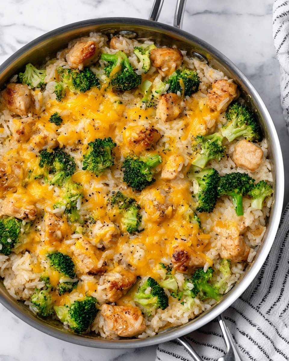 A close-up view of a stainless steel pan filled with a creamy mixture of cooked white rice, small chunks of browned chicken, and bright green broccoli florets. The top layer is covered with melted golden-yellow cheese with a gooey texture, scattered evenly over the rice, chicken, and broccoli. Some black pepper specks are visible, adding texture to the melted cheese. The pan sits on a white marbled surface with a striped white and gray cloth partially visible at the top right corner. photo taken with an iphone --ar 4:5 --v 7