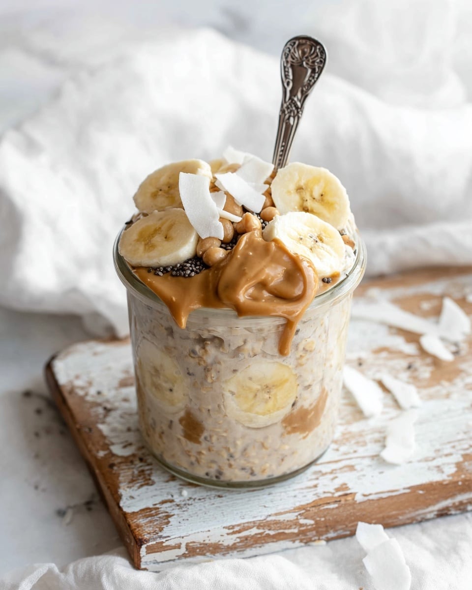 A clear glass jar contains a creamy oatmeal base with visible banana slices pressed against the inside, showing a light beige and chunky texture with spots of banana yellow peeking through. On top, there is a layer of banana slices, thin and pale yellow with brown edges, scattered with dark chia seeds. A generous dollop of smooth peanut butter, golden brown in color, rests on the banana layer, partially melting into the oatmeal. Surrounding the peanut butter and banana slices are thin, white coconut flakes, some slightly toasted with light brown edges. A vintage silver spoon with ornate details is placed inside the jar, sticking out from the top. The jar sits on a worn white wooden board with chipped paint, placed on a soft white cloth with a white marbled texture surface in the background. photo taken with an iphone --ar 4:5 --v 7