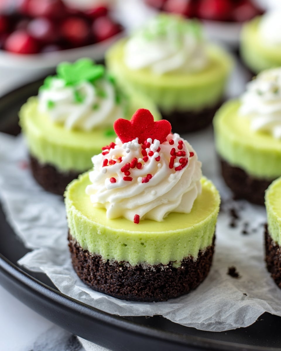 The image shows a close-up of a mini cheesecake with three layers, placed on white parchment paper over a black round plate on a white marbled surface. The bottom layer is a dark brown crumbly crust, above that is a smooth, bright green creamy cheesecake layer, and the top layer is a small dollop of white whipped cream decorated with red heart-shaped sprinkles and green sprinkles. Other similar green cheesecakes with white whipped cream tops are slightly blurred in the background along with red berries. photo taken with an iphone --ar 4:5 --v 7