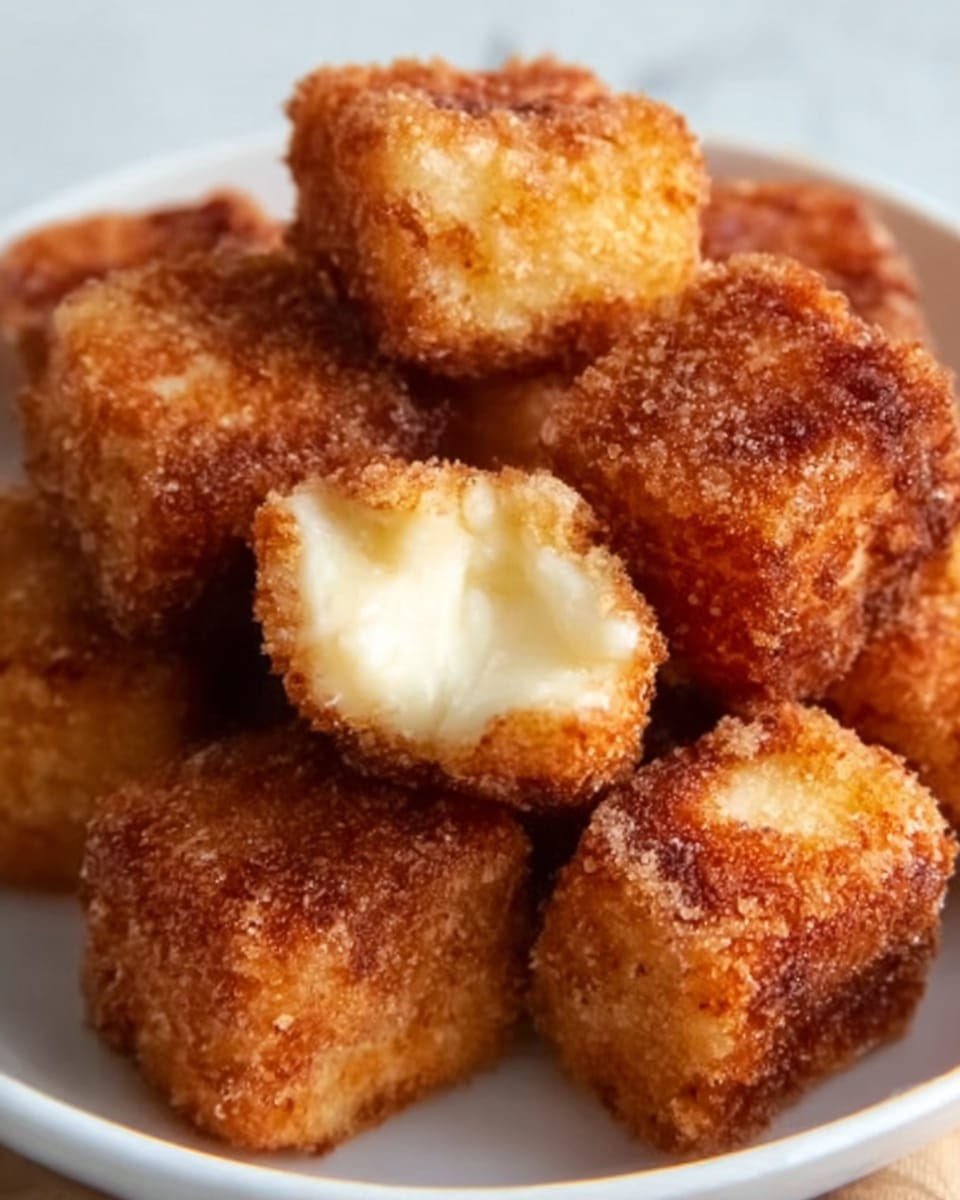 The image shows a close-up of several bite-sized fried cheese cubes piled in a white bowl on a white marbled surface. Each cube is golden brown and crispy on the outside, with a crunchy texture visible. One cube is cut open, showing a soft, creamy, white cheese inside that contrasts with the crisp outer layer. The warm, golden color of the fried coating stands out against the white bowl and background. Photo taken with an iphone --ar 4:5 --v 7