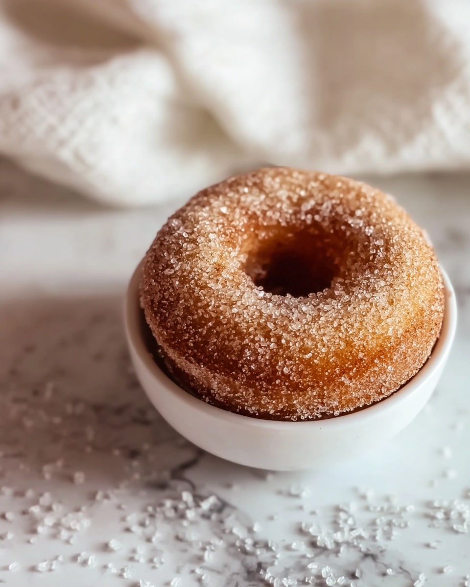 A single cinnamon sugar donut sits in a small white bowl, its surface covered with coarse sugar crystals that catch the light, giving it a sparkling texture. The donut is golden brown with a soft and slightly rough texture, and it has a classic ring shape with a hole in the middle. The white bowl is placed on a white marbled surface with scattered sugar crystals around it, adding a casual touch. In the background, there is a softly blurred white fabric adding a cozy feel to the scene. The photo taken with an iphone --ar 4:5 --v 7