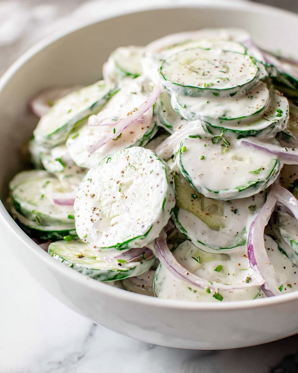 A close-up view of a white bowl filled with thinly sliced cucumber and red onion layers mixed with a creamy white dressing that has visible green herb specks and black pepper flakes. The cucumber slices are light green with dark green edges, sitting on top of delicate pink and purple onion rings, all coated evenly in a thick, smooth dressing. The bowl is placed on a white marbled surface, and a light wooden spoon is partially visible in the background. photo taken with an iphone --ar 4:5 --v 7
