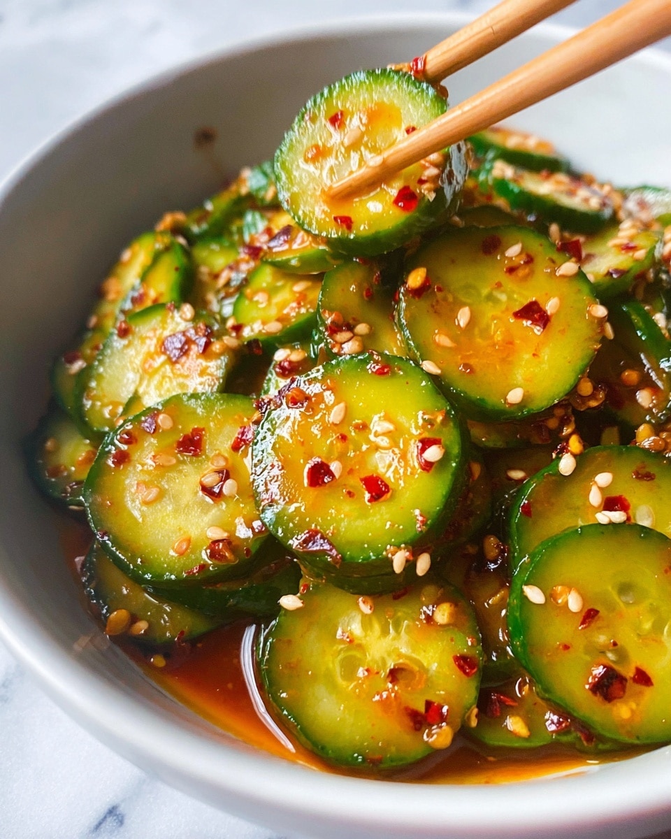 A close-up shows a white bowl filled with thin cucumber slices coated in a shiny, spicy reddish-orange sauce. The cucumber slices are bright green with a crisp texture, and they are sprinkled with white sesame seeds and red chili flakes. A pair of light brown chopsticks holds a few cucumber slices above the bowl, highlighting the sauce and seasonings. The background is a white marbled texture. photo taken with an iphone --ar 4:5 --v 7