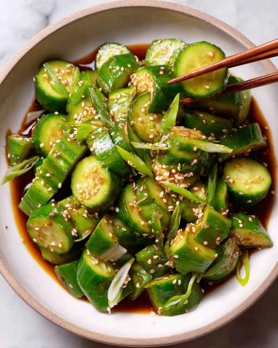 A white plate is filled with two layers of cucumber slices; the bottom layer has thicker, bright green sliced cucumbers with a bumpy texture, while the top layer consists of thinner cucumber slices mixed with light green, sliced scallions. The cucumber is coated lightly with a dark, glossy sauce that pools at the bottom of the plate. Toasted sesame seeds are sprinkled evenly across the cucumbers, adding a hint of texture and a touch of cream color. A pair of chopsticks holds a stack of three cucumber slices on the right side of the plate. The whole scene sits on a white marbled surface. photo taken with an iphone --ar 4:5 --v 7