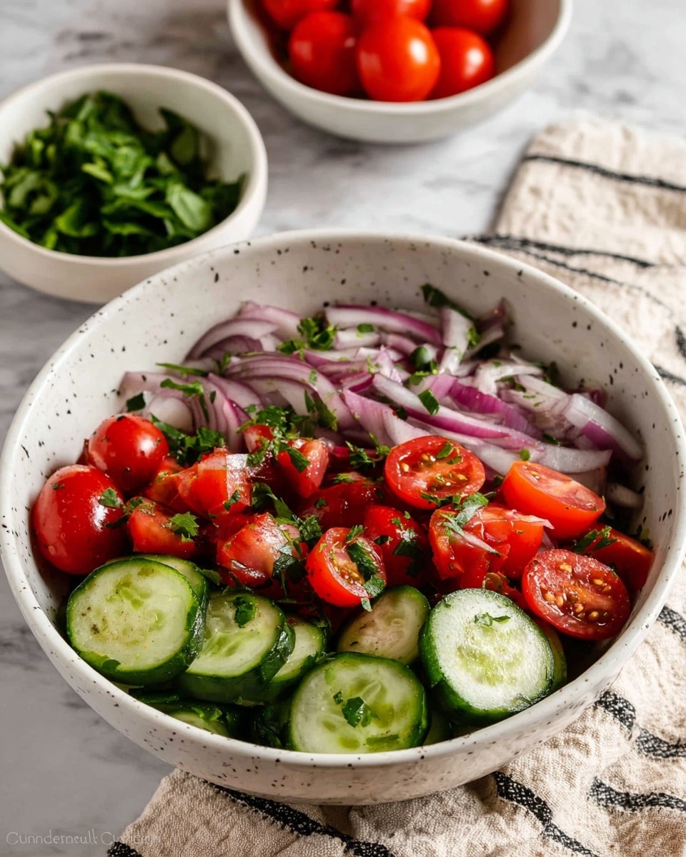 The image shows a fresh vegetable salad in a white bowl with small black speckles. The salad has three layers: at the bottom there are thick slices of dark green cucumber with light green inside, the middle layer has bright red cherry tomatoes cut in halves, and the top layer consists of thin light purple onion slices mixed in with small green herb pieces scattered over all. In the background, there are two smaller white bowls, one filled with leafy green herbs and the other with whole cherry tomatoes. The setting is on a white marbled surface with a beige cloth patterned with black lines nearby. photo taken with an iphone --ar 4:5 --v 7