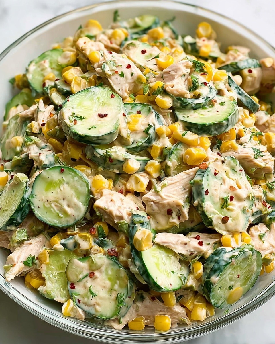A clear white bowl filled with a mixed salad showing about three main layers: large slices of green cucumber with a slightly textured dark green skin, bright yellow corn kernels, and chunks of light beige or cream-colored shredded chicken. The salad is coated with a creamy dressing that has visible small green herb pieces and red pepper flakes scattered throughout. The ingredients are mixed closely together, giving a fresh and colorful look with a balance of smooth, firm, and crunchy textures, all set on a white marbled surface. Photo taken with an iphone --ar 4:5 --v 7