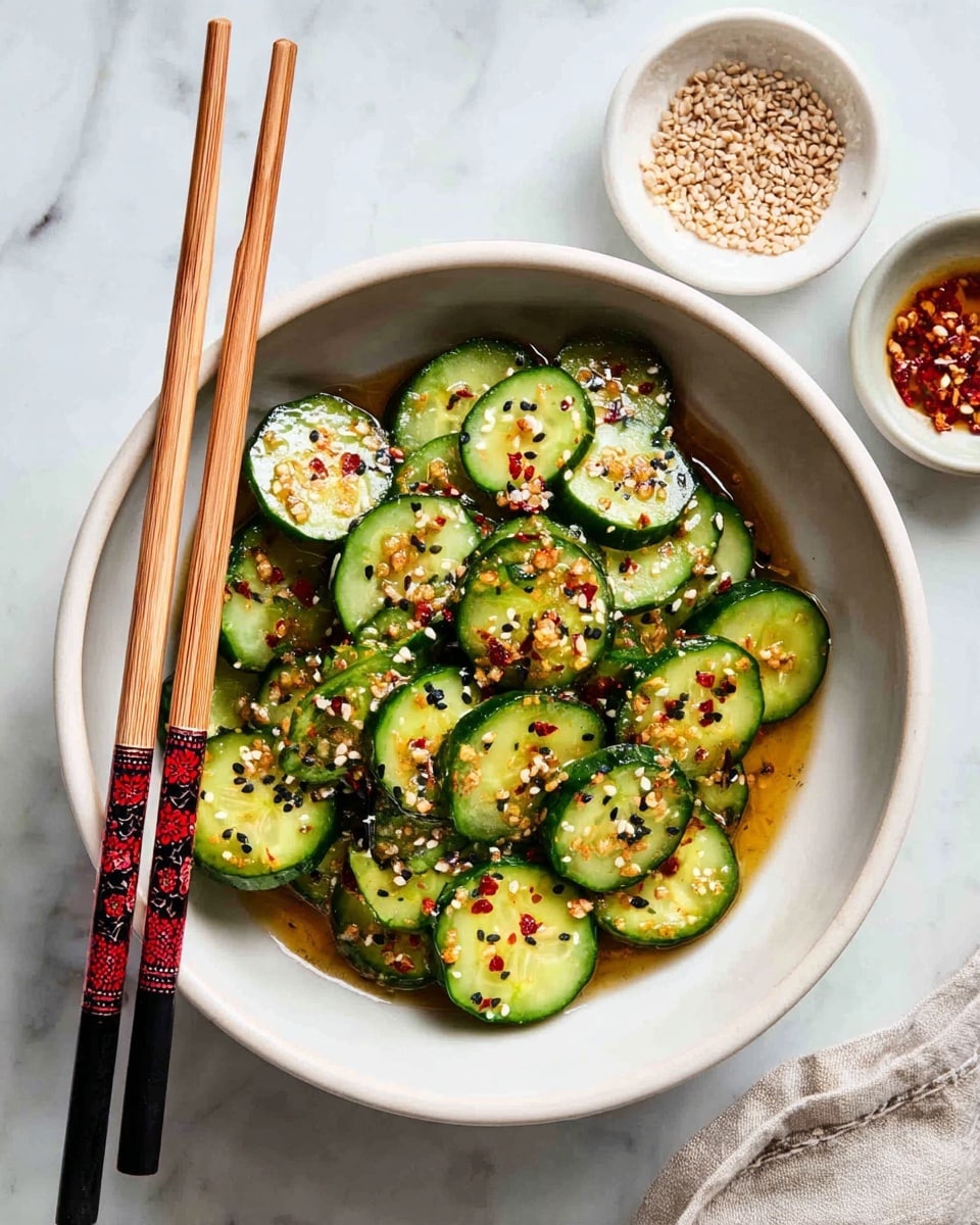 A white bowl filled with thinly sliced cucumber rounds soaked in a light brown sauce, each cucumber slice topped with red chili flakes and black and white sesame seeds, creating a colorful speckled effect. Two wooden chopsticks with black tips and decorative red accents rest on the bowl's edge. Nearby, two small white dishes hold extra sesame seeds and red chili flakes on a white marbled surface. photo taken with an iphone --ar 4:5 --v 7