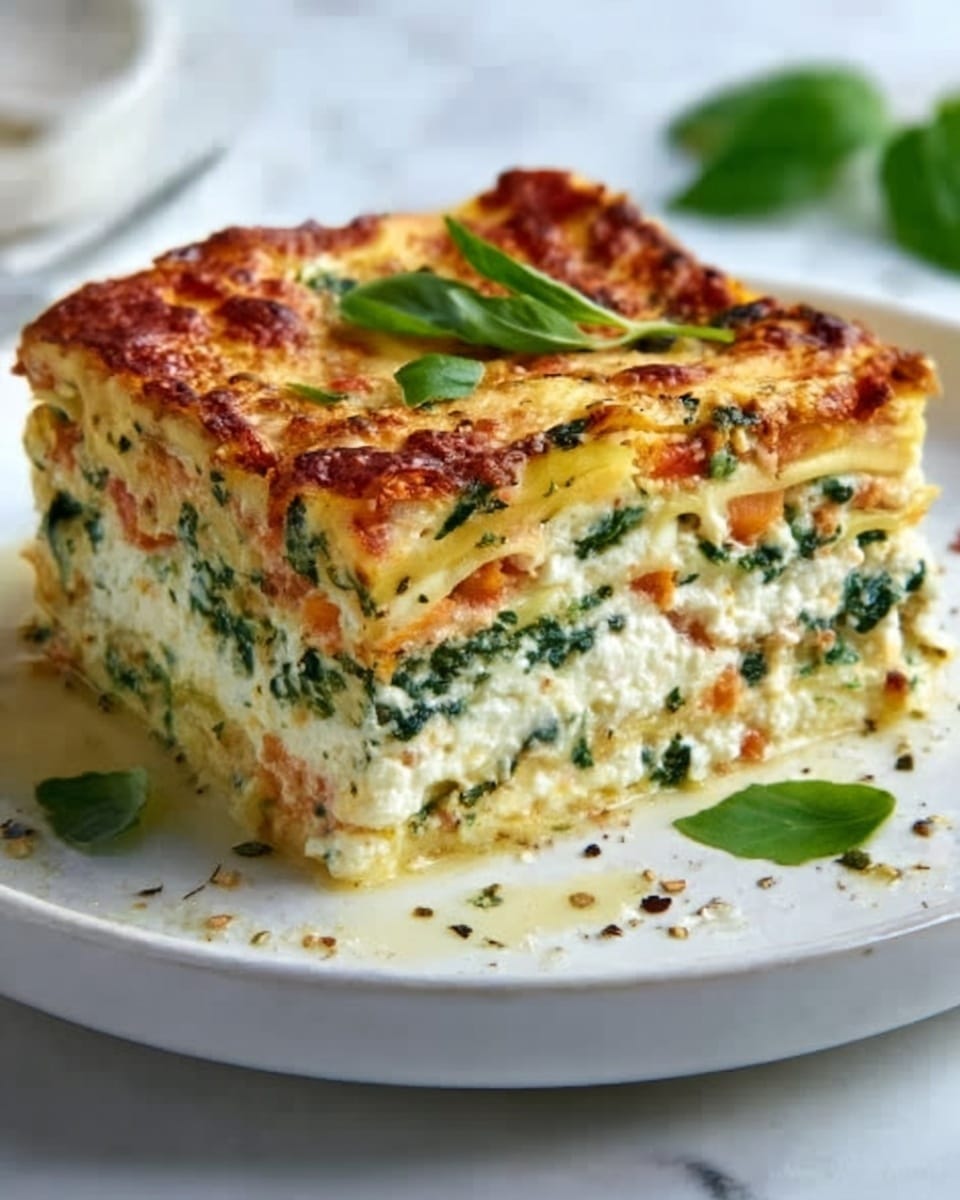 A square piece of lasagna with visible layers sits on a white plate placed on a white marbled surface. The lasagna shows multiple layers: a bottom layer of orange tomato sauce, followed by a green layer of sliced spinach or zucchini, then a creamy white cheese layer with slightly browned spots. On top, there is melted golden cheese with some green herbs sprinkled over it and a small green basil leaf for garnish. The edges are clean and the texture looks soft and creamy, with some crispy browned bits on top. Photo taken with an iphone --ar 4:5 --v 7