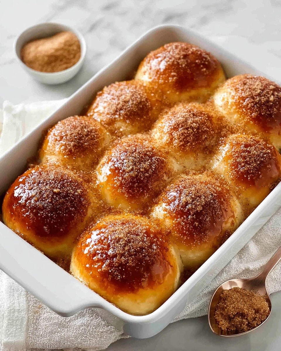 A white rectangular baking dish filled with eight golden brown soft rolls, each roll topped with a glossy layer of melted butter and a sprinkle of light brown sugar mixed with cinnamon, giving them a slightly textured appearance. The rolls are closely packed, with a smooth and shiny surface showing a warm caramelized glaze. A small silver spoon filled with the brown sugar mixture rests on a white cloth beside the dish, all placed on a white marbled surface. photo taken with an iphone --ar 4:5 --v 7