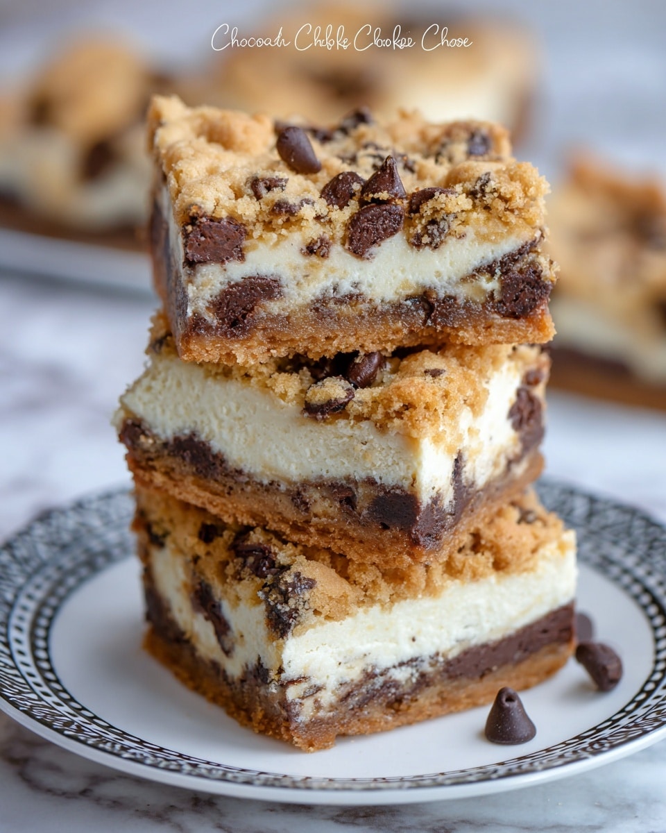 A stack of four square chocolate chip cookie cheesecake bars rests on a white plate with a black intricate pattern, all placed on a white marbled textured surface. Each bar has three visible layers: a golden brown cookie base with a slightly crumbly texture at the bottom, a thick creamy white cheesecake layer filled with dark chocolate chips in the middle, and a crumbly golden cookie layer with chocolate chips scattered on top. The top bar shows a bite taken out of it, revealing the inside layers clearly. The lighting highlights the texture and softness of the cheesecake and the cookie layers. Photo taken with an iphone --ar 4:5 --v 7