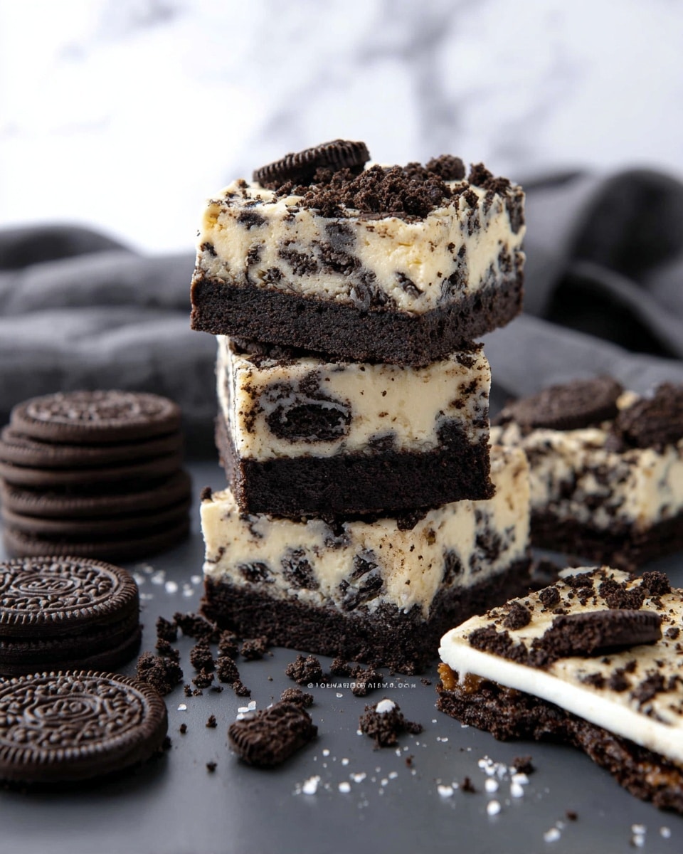 A stack of three square bars with three visible layers: the bottom and middle layers are dark brown crushed cookie crust, and the top layer is off-white cream filled with small dark cookie pieces mixed inside and larger cookie chunks sprinkled on top. The bars sit on a dark surface with scattered cookie crumbs. On the left side, there is a stack of whole dark brown sandwich cookies, and on the bottom right, an open sandwich cookie showing white cream inside. A soft, dark grey cloth is blurred in the background, with a white marbled texture underneath. photo taken with an iphone --ar 4:5 --v 7