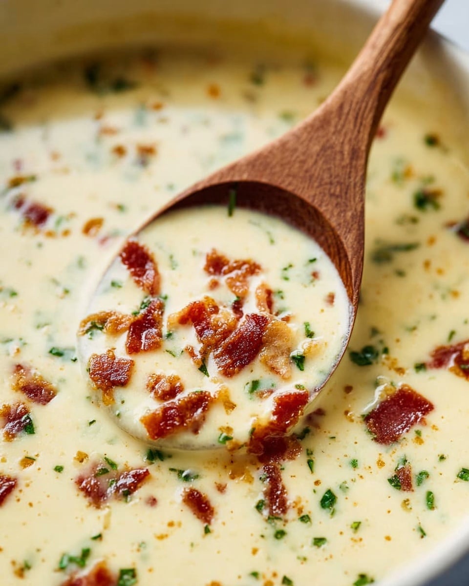 A creamy soup served in a white bowl with a smooth, pale yellow base layer, topped with small crunchy pieces of browned bacon scattered unevenly on top, along with bright green chopped chives sprinkled throughout. A silver spoon is partially dipped into the soup, held by a woman's hand near the bowl's edge. The background has a white marbled texture. photo taken with an iphone --ar 4:5 --v 7