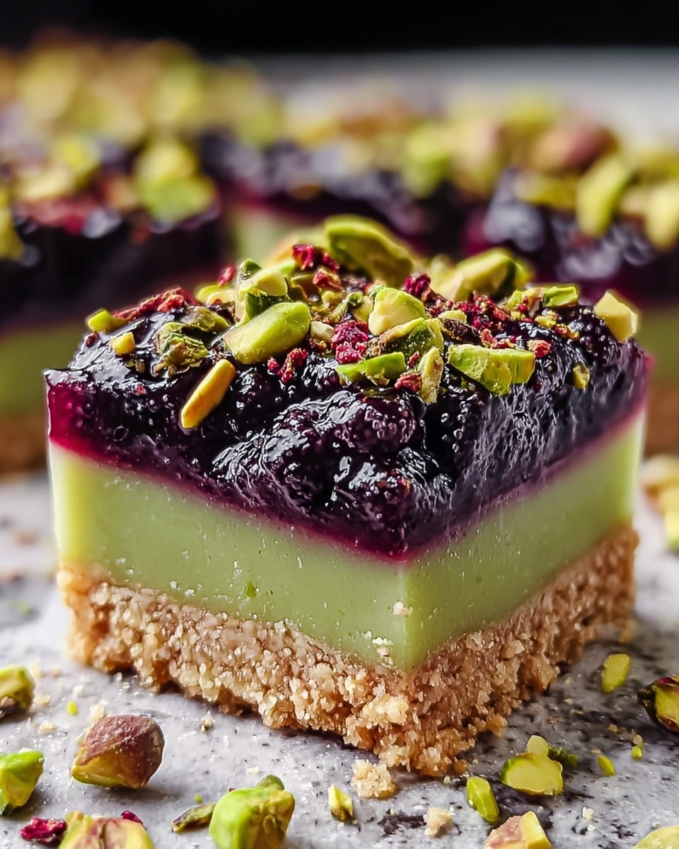 A square dessert bar is shown with three layers: the bottom layer is a crumbly light brown crust, the middle layer is a smooth, thick green filling, and the top layer is a glossy dark purple fruit topping with whole blackberries. The fruit layer is sprinkled with chopped green and reddish pistachios, adding a crunchy texture. Some crumbs and pistachio pieces are scattered around the bar on a white marbled texture surface. The focus is close up, showing the shiny and textured details clearly. Photo taken with an iphone --ar 4:5 --v 7