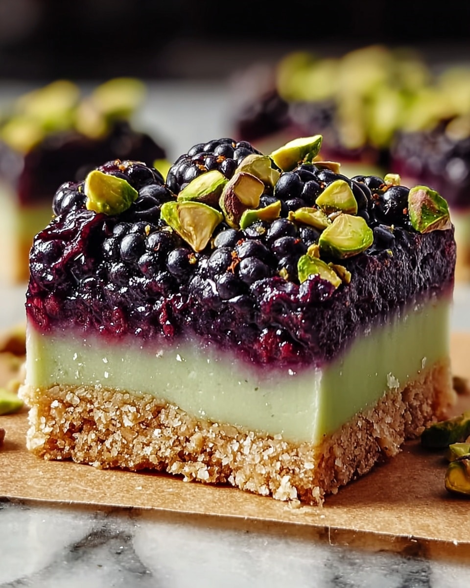 The image shows a close-up of a square dessert bar with four distinct layers. The bottom layer is a crumbly, light brown crust. Above that is a smooth, pale green layer with a creamy texture. The third layer is a thick, dark purple fruit filling with visible blackberries embedded inside. The top layer is decorated with whole blackberries and scattered pieces of chopped green pistachios, adding texture and color contrast. The dessert piece rests on brown parchment paper on a white marbled surface. photo taken with an iphone --ar 4:5 --v 7