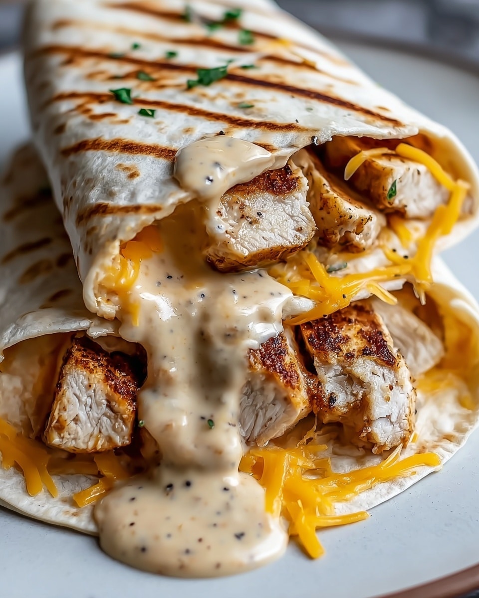 Two grilled chicken wraps are layered on a white plate with a white marbled texture surface. The bottom wrap is cut open showing thick, grilled chicken pieces with a golden-brown crust. On top of the chicken, there is a creamy beige sauce with black pepper specks and melted shredded cheddar cheese in a bright orange color. The sauce drips over the wrap edges. The upper wrap is folded, showing a similar chicken piece with sauce and cheese inside, garnished with small green herb leaves. The white tortillas have visible grill marks in a dark brown color. Photo taken with an iphone --ar 4:5 --v 7