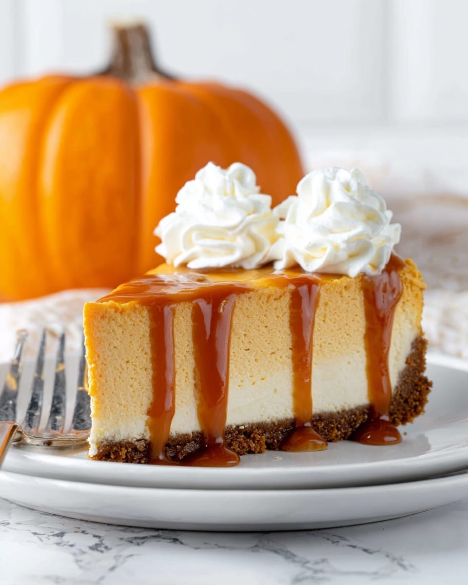 A slice of pumpkin cheesecake sits on a white plate with a textured brown crumb crust forming the bottom layer, topped with a thick, creamy orange pumpkin-flavored cheesecake layer. Two swirls of white whipped cream are placed on the back edge of the cheesecake slice, and rich caramel sauce drips artistically down the front and side. In the background, a bright orange pumpkin with a brown stem is visible against a white marbled surface. A silver fork lies in front of the plate. Photo taken with an iphone --ar 4:5 --v 7