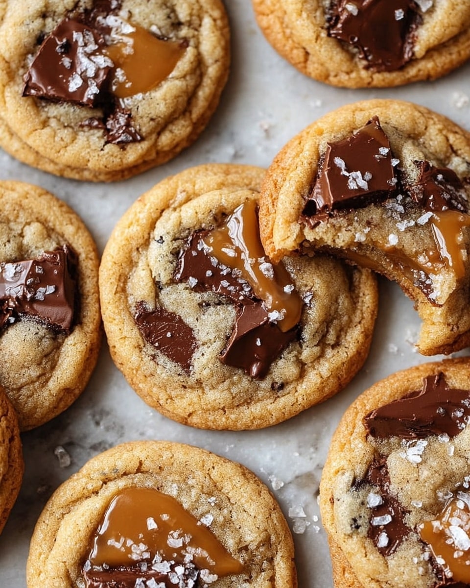 The image shows several golden brown cookies on a white marbled textured surface, each with large, melted dark chocolate chunks embedded in the dough. On top of the chocolate pieces, there are smooth, glossy caramel dollops that stretch and glisten, adding a rich texture. The cookies have slightly crinkled edges, showing a soft and chewy center. Some cookies have a light sprinkling of coarse sea salt flakes on top, giving a contrast against the caramel and chocolate. One cookie is partially eaten, revealing a soft inside with gooey caramel and melted chocolate. photo taken with an iphone --ar 4:5 --v 7