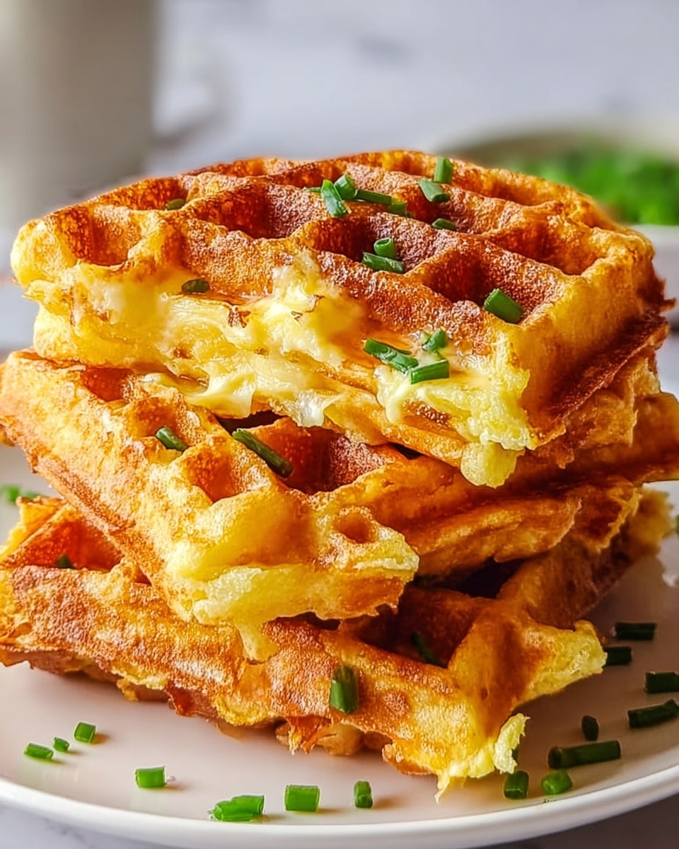 A close-up image of two stacked golden brown waffles with a crispy texture and small square pockets, served on a white plate. The top waffle is slightly broken at the edge, showing a soft, fluffy inside. The waffles have a warm, toasted color with hints of light and dark browns. There are a few small green parsley leaves on top as garnish. The plate sits on a white marbled surface. photo taken with an iphone --ar 4:5 --v 7