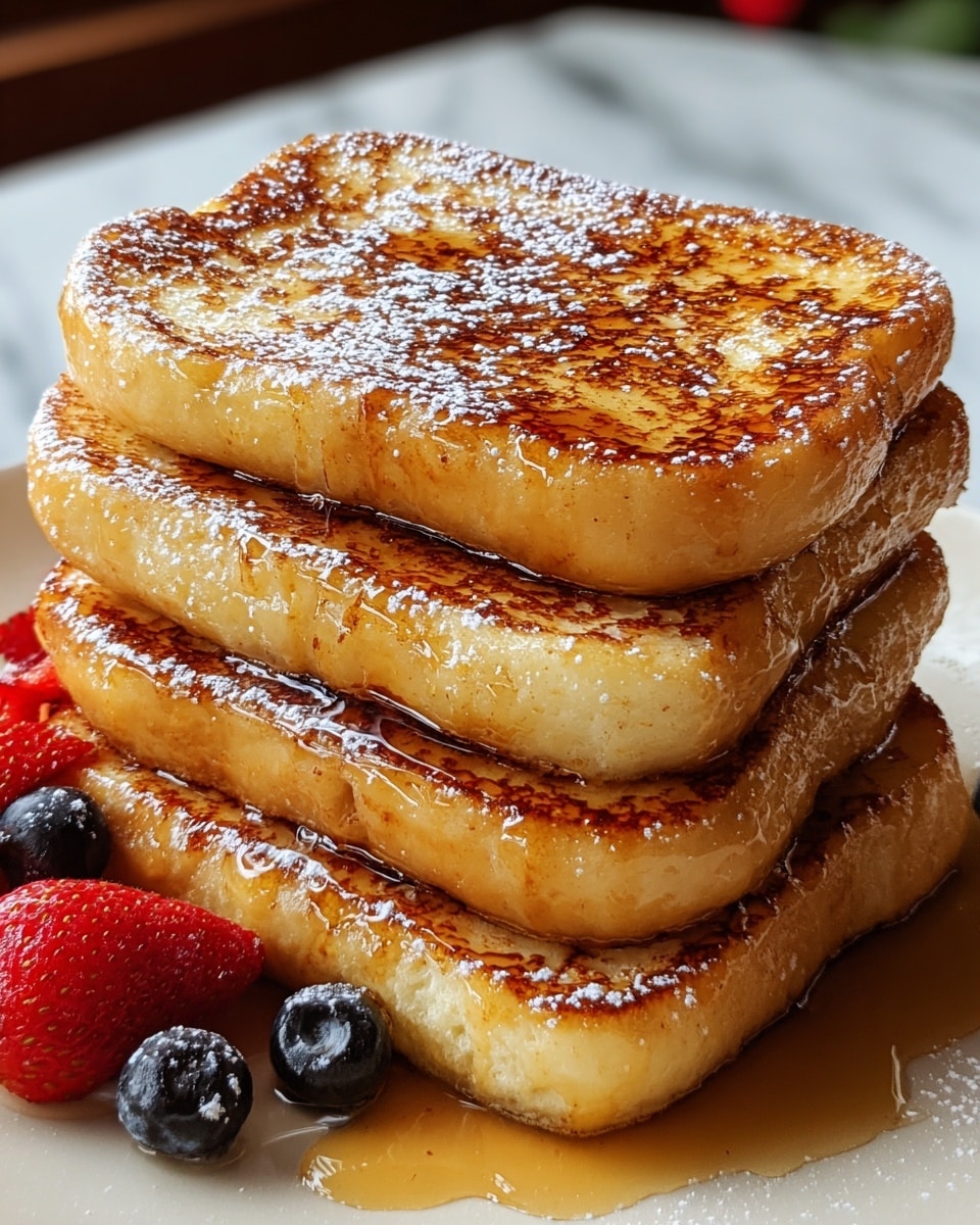 Three thick, square layers of golden brown French toast stacked on a white plate, each layer soaked and dripping with glossy syrup. The toast’s edges show a slightly crispy texture with a soft, moist inside visible where the syrup pools. The top layer is dusted with a light sprinkle of powdered sugar. Fresh blueberries and halved strawberries sit at the base, adding vibrant blue and red colors to the warm, golden tones. The plate rests on a surface with a white marbled texture. photo taken with an iphone --ar 4:5 --v 7