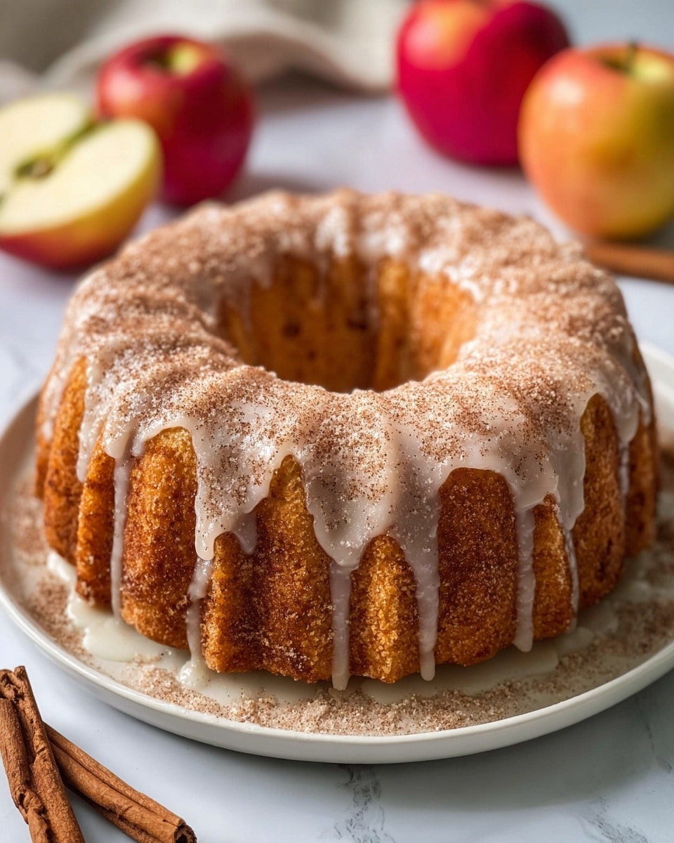 A single-layer bundt cake sits on a white plate, with a golden brown color and a slightly rough texture. The top of the cake is covered in a light drizzle of white icing that runs down the sides in thin lines, and there is a dusting of sugar crystals and cinnamon on top, giving it a sparkly, textured look. The cake has a ring shape with deep vertical ridges around the sides. The background shows red apples and cinnamon sticks placed on a white marbled surface, softening the scene. Photo taken with an iphone --ar 4:5 --v 7