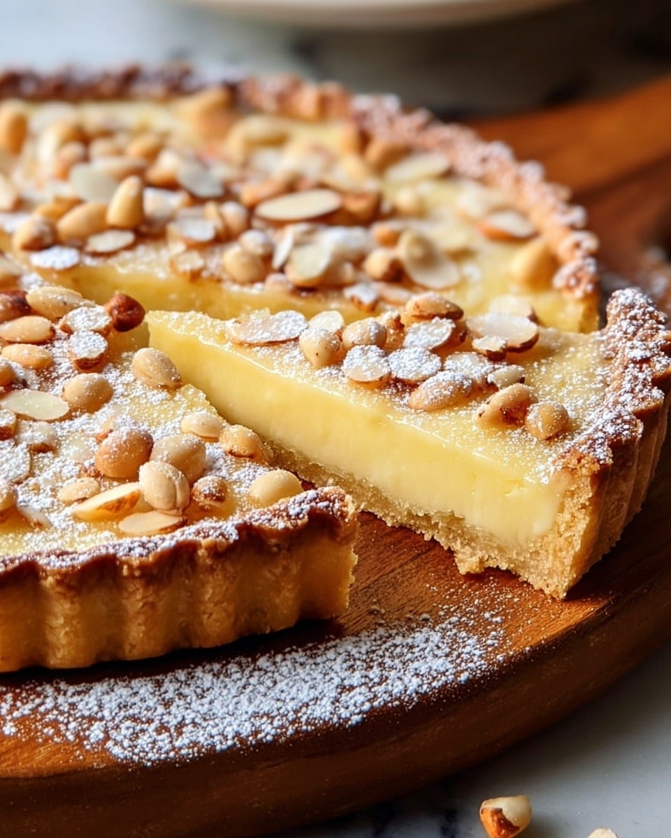 A close-up view of a tart placed on a wooden board with a white marbled surface beneath, showing three layers: the bottom crust is golden brown with a rough crumbly texture and scalloped edges, the middle layer is smooth and pale yellow custard filling, and the top layer is scattered toasted pine nuts with a light dusting of powdered sugar, adding a slight white contrast on top. The tart sits at an angle highlighting the thickness of the crust and the creamy filling inside. Photo taken with an iphone --ar 4:5 --v 7