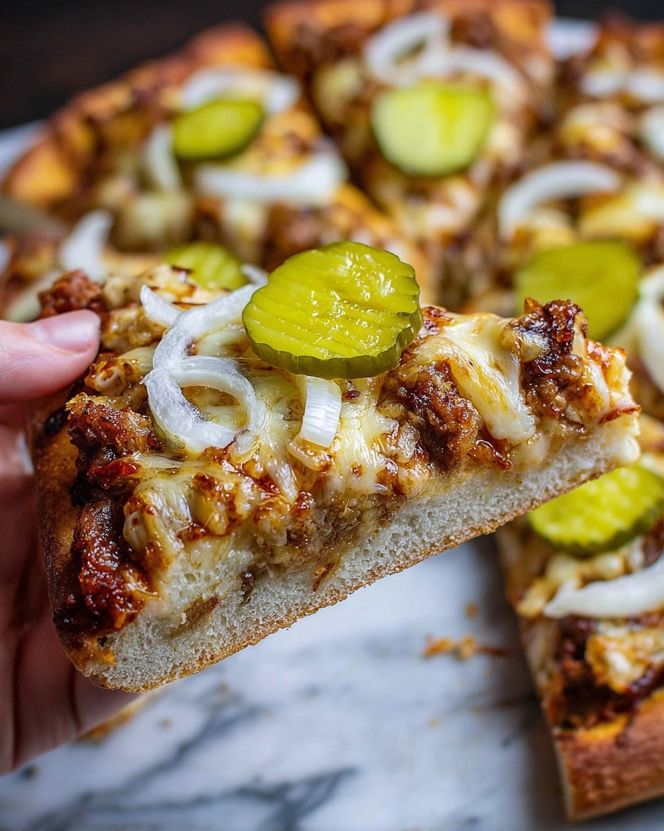 A round pizza cut into seven slices on a dark serving tray with a white marbled surface background, each slice topped with a golden-brown crust and melted cheese that blends with a layer of dark brown barbecue sauce and cooked meat chunks. On top, there are thin white onion slices spread evenly and bright green pickle slices placed individually on each slice. A wooden honey dipper is visible in the top right corner. photo taken with an iphone --ar 4:5 --v 7