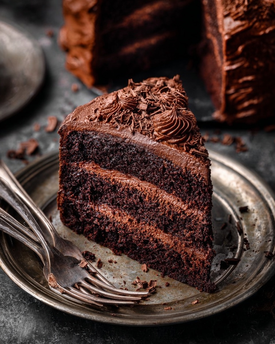 A close-up view of a three-layer rich chocolate cake slice placed on a vintage metal plate, each dark brown layer separated by smooth, thick chocolate frosting. The top layer is covered with a glossy chocolate frosting, topped with multiple thin, curled dark chocolate shavings scattered over the top and around the base on the plate. The cake appears moist and dense, with a slightly rough texture contrasting the creamy frosting. The background is a white marbled texture, adding brightness to the dark cake and plate. Photo taken with an iphone --ar 4:5 --v 7