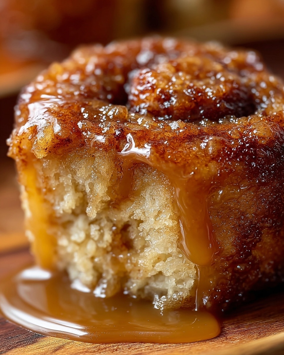 A close-up view of a cinnamon roll cut open to show its soft, light beige inside filled with sticky, gooey caramel sauce oozing out. The roll’s top layer is golden brown with a shiny, textured glaze, showing the roughness of cinnamon sugar baked crust. The caramel sauce pools around and drips down the sides of the roll, sitting on a wooden surface. Photo taken with an iphone --ar 4:5 --v 7