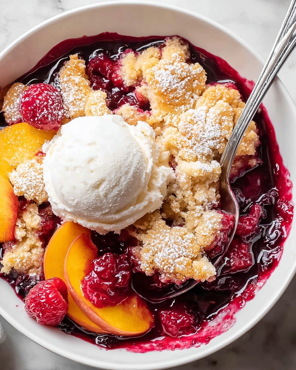 A white bowl contains a vibrant fruit cobbler with three main layers. The bottom layer is a deep purple-red thick fruit sauce with visible berries and a glossy texture, spreading all around the bowl. On top of this sauce are several large slices of yellow and red peaches and fresh whole raspberries placed at different spots. The third layer features uneven golden-brown crumbly topping pieces lightly dusted with powdered sugar, covering most of the fruit sauce but leaving some fruit exposed. At the center, there is a perfectly round scoop of white vanilla ice cream with smooth, creamy texture, slightly melting into the warm cobbler beneath. A metallic spoon scoops some peach slices and sauce from the right side of the bowl. The whole scene is set against a white marbled surface. photo taken with an iphone --ar 4:5 --v 7