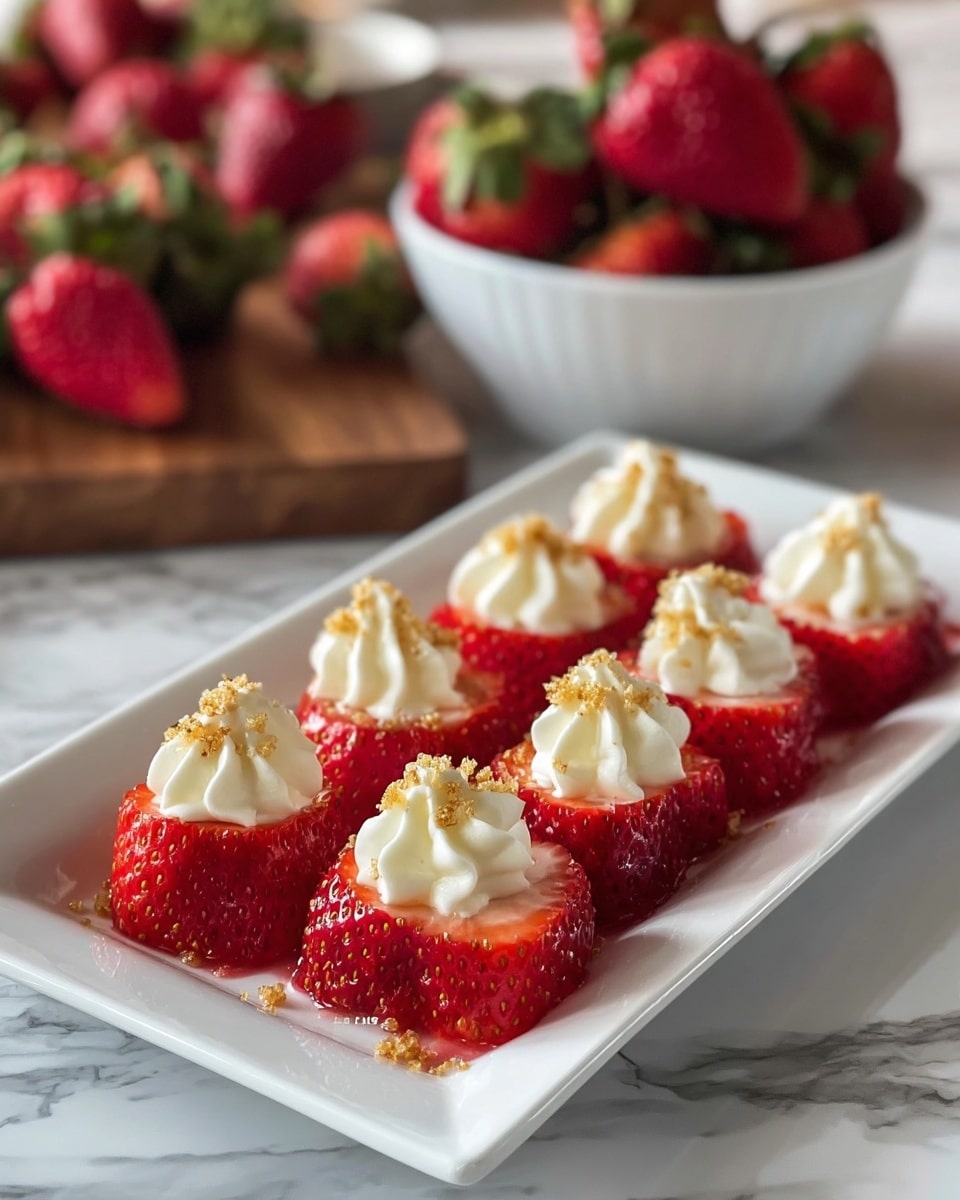 The dish shows a white rectangular plate filled with two layers of strawberry halves, each strawberry cut side up and bright red with seeds showing, topped with a small swirl of white cream and sprinkled with light golden crumbs. The strawberries are arranged neatly in several rows, each dollop of cream smooth with a soft texture and the crumbs adding a crunchy look on top. In the blurry background, there is a white bowl filled with whole strawberries with green leaves visible, all placed on a white marbled surface. photo taken with an iphone --ar 4:5 --v 7