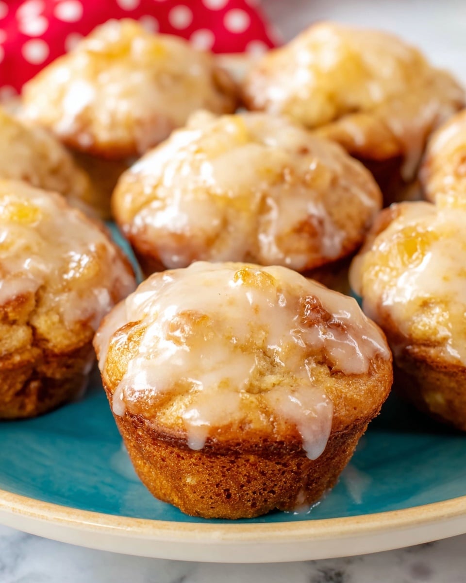 A close-up of six muffins arranged on a white plate with a blue inside; each muffin has a golden brown base with a rough texture and is topped with a shiny, pale yellow glaze that appears thick and slightly gooey. The glaze covers the top warmly, with bits of what looks like soft fruit or sugar pieces adding a glossy, sticky look. The background is a white marbled surface with a bit of a red cloth with white polka dots peeking in one corner. The image has a soft focus on the muffins, highlighting the glaze's shine and the muffins' crumbly texture. photo taken with an iphone --ar 4:5 --v 7
