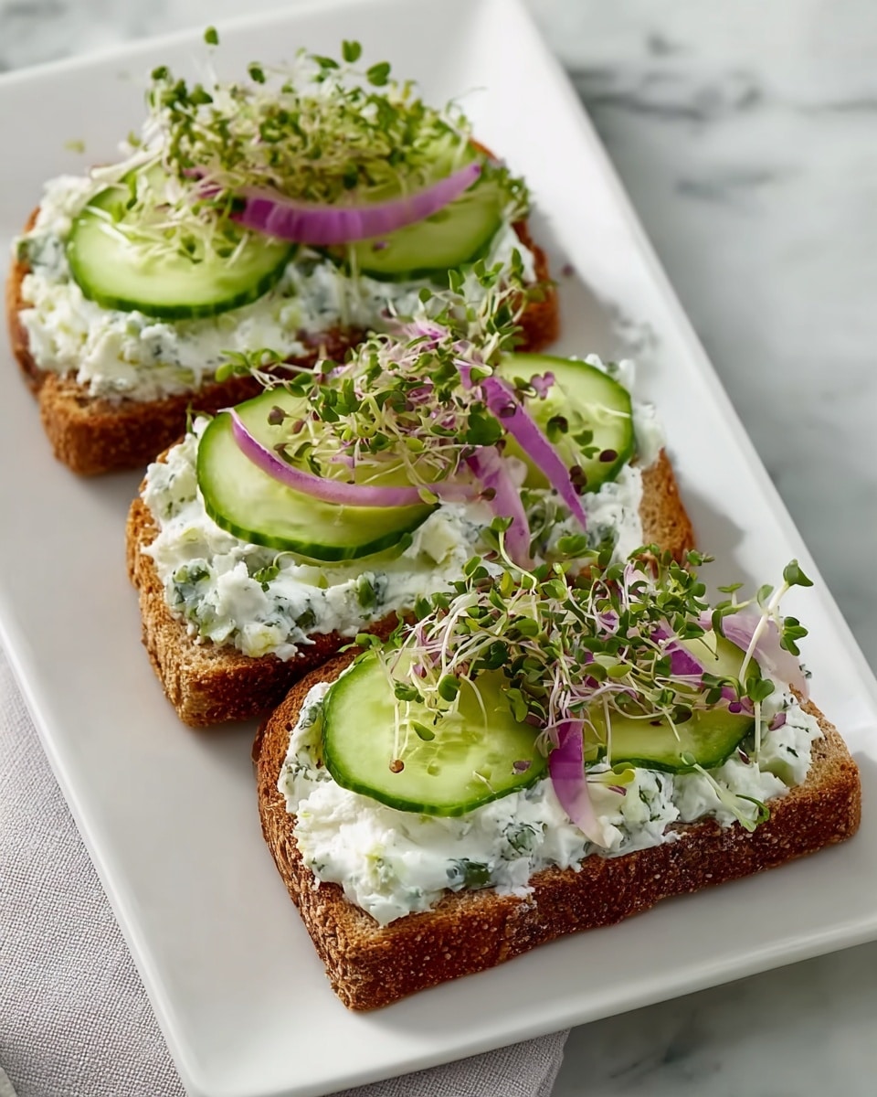 Three slices of toasted brown bread lie side by side on a white rectangular plate, placed on a white marbled surface. Each slice is topped with a thick layer of creamy white spread mixed with green herbs, giving it a speckled texture. On top of the spread are thin, bright green cucumber pieces arranged in neat layers. Over the cucumbers, thin purple-red onion slices curve gently, and fresh green sprouts add a delicate, airy feel with their small leaves and thin stems. The colors contrast nicely against the toasted bread, with soft, creamy whites, fresh greens, and hints of purple, making each open-faced sandwich look fresh and inviting. photo taken with an iphone --ar 4:5 --v 7