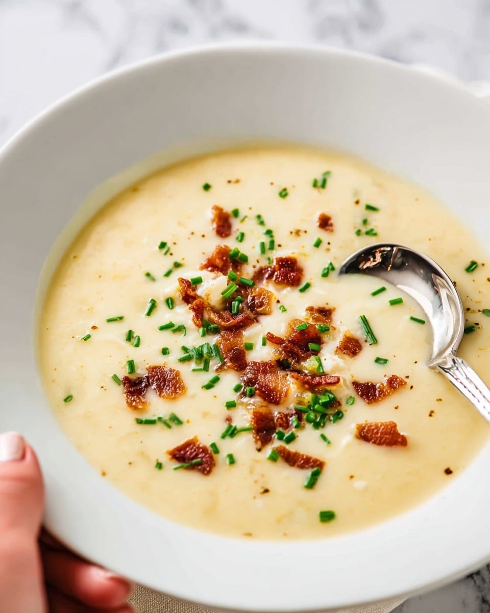 A close-up view of a creamy, light yellow soup with a smooth, thick texture, speckled with small, crisp, reddish-brown bacon bits and finely chopped green herbs scattered throughout. A wooden spoon is dipped into the soup, lifting a portion that shows the rich creaminess with bits of bacon and herbs clearly visible. The background is a white marbled texture that softly contrasts the warm tones of the soup. photo taken with an iphone --ar 4:5 --v 7