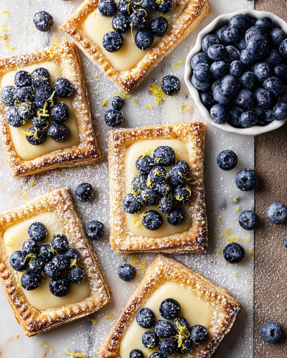Six rectangular puff pastries are arranged on a white marbled surface with a scattering of granulated sugar and powdered sugar over everything. Each pastry has a golden-brown, flaky crust with a slightly raised edge, holding a layer of smooth, creamy pale yellow custard filling topped with a mound of fresh, plump dark blue blueberries. Some lemon zest is lightly sprinkled among the blueberries, adding small bright yellow highlights. Extra blueberries are spread casually around the pastries, with one small white bowl overflowing with them on the right side of the image. photo taken with an iphone --ar 4:5 --v 7