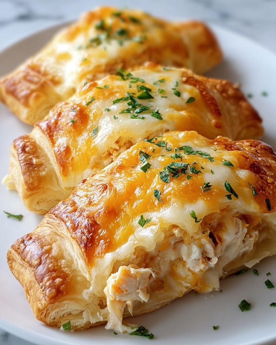 The image shows three pieces of golden-brown cheesy pastries arranged side by side on a white plate. Each pastry has a flaky outer layer, with melted cheese and cooked chicken visible inside the open end of the front piece. The cheese is a mix of white and orange shades, with a slightly crispy and bubbly texture on top. The pastries are sprinkled with finely chopped green herbs, adding a fresh touch to the warm colors. The background features a white marbled texture, enhancing the bright and appetizing look of the dish. photo taken with an iphone --ar 4:5 --v 7