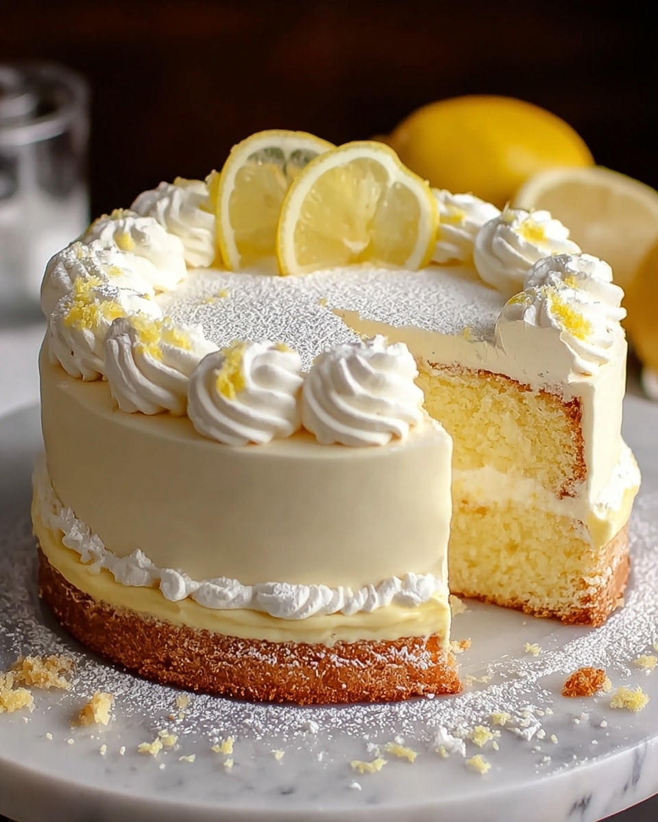 A two-layer round cake with light yellow sponge layers separated by a thick white creamy filling sits on a white plate with powdered sugar dusted around it. The outside of the cake is covered smoothly with white frosting, topped with decorative swirls of white cream around the edge. Two thin lemon slices and a small green mint leaf are placed in the center on top. The cake is placed on a white marbled textured surface. photo taken with an iphone --ar 4:5 --v 7