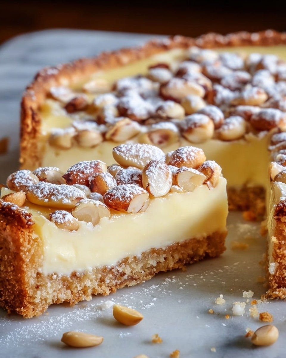 The image shows a close-up of a cream tart with three visible layers. The bottom layer is a thick, crumbly golden crust with a rough texture. The middle layer is smooth and creamy pale yellow filling. The top layer is dusted with powdered sugar and scattered with brown and light tan pine nuts. The tart is set on a white marbled surface with some crumbs around it. The focus is on the front slice cut out, revealing the inside layers clearly. photo taken with an iphone --ar 4:5 --v 7
