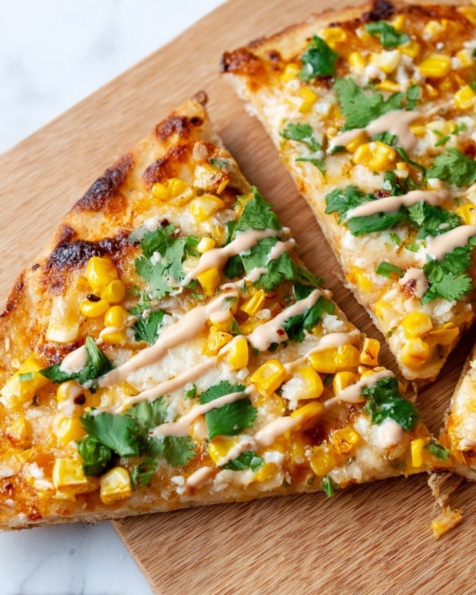 A close-up view of a pizza cut into four triangular slices placed on a light wooden board. Each slice has a golden-brown crust base topped with melted white cheese, bright yellow corn kernels, and scattered fresh green cilantro leaves. There is a drizzle of creamy light beige sauce over the pizza, adding a smooth texture contrast. To the side, a white bowl holds fresh green cilantro leaves and lime wedges, adding a fresh touch to the scene. The background features a white marbled surface. photo taken with an iphone --ar 4:5 --v 7